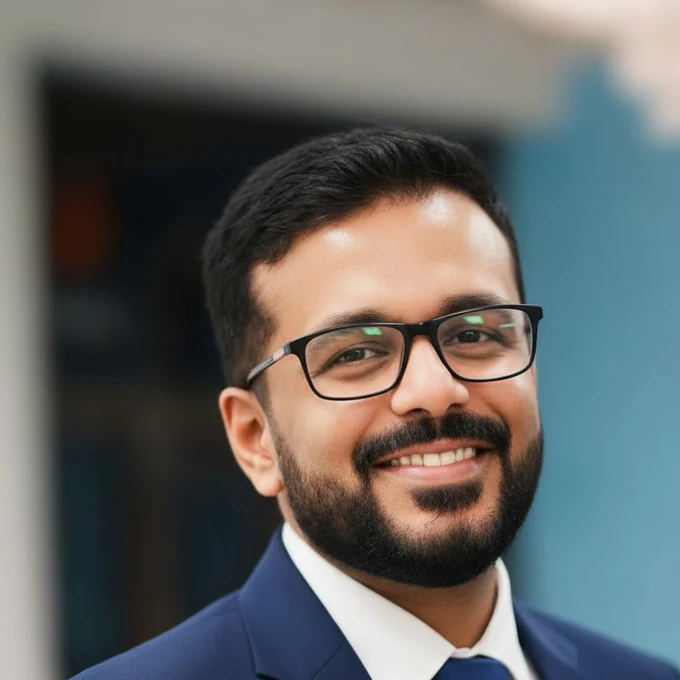 Rohit smiling in glasses and a navy suit